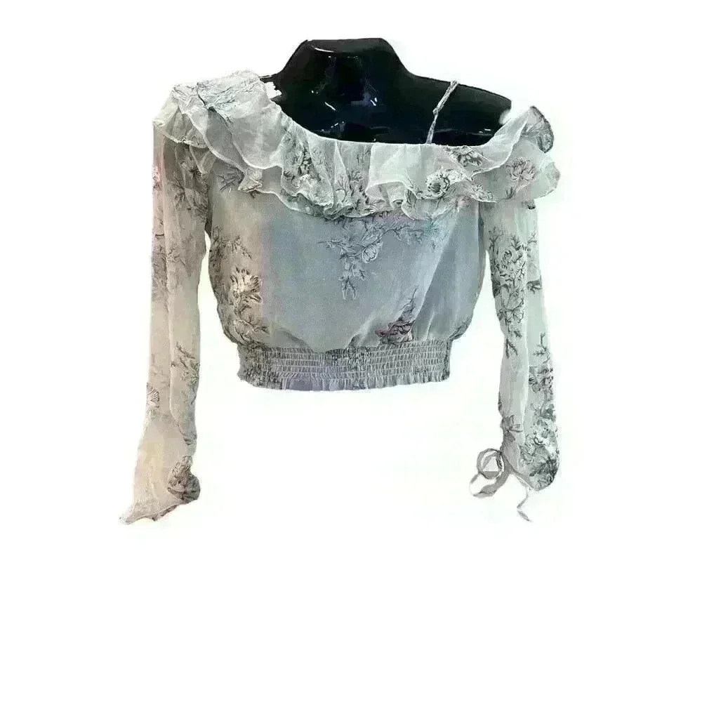 ASTR Off Shoulder Top Cream Chiffon Floral Adj Tomato Girl Summer Small Sheer